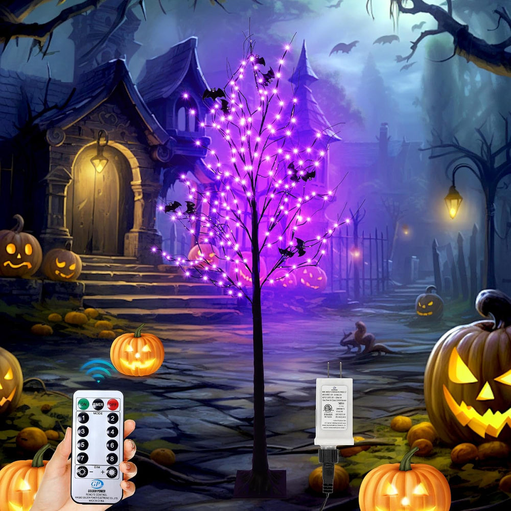 Halloween Lighted Tree with 260 LED Lights, 6FT Black Halloween Tree with Tim...