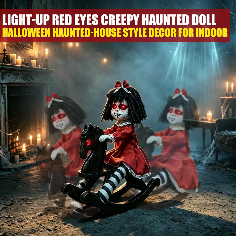 Halloween Animatronic Decorations Girl Doll on Rocking Horse with Lights