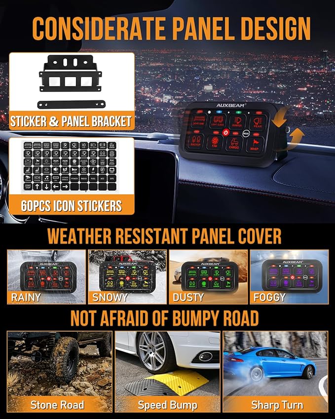 Auxbeam 8 Gang Switch Panel RA80 Toggle Momentary Pulsed RGB Dimmable