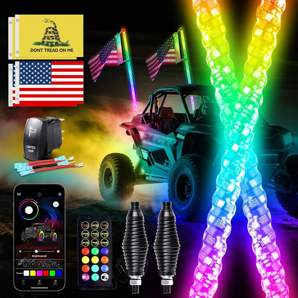2PCS 3FT LED Whip Lights for UTV/ATV, APP & Remote Control, Chasing Color...