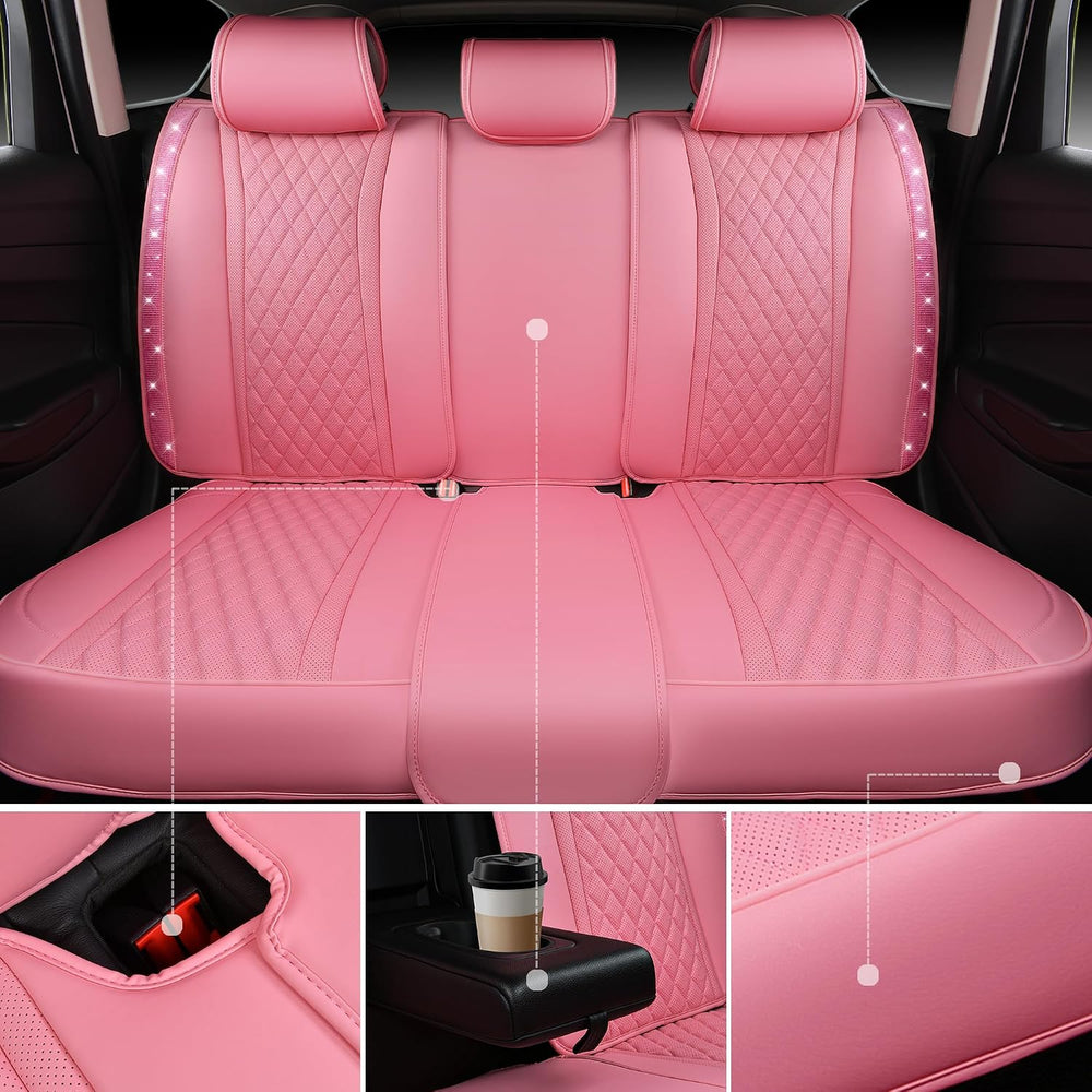 CAR PASS Pink Nappa Leather Car Seat Covers for Full Seats, Bling Diamond Wat...