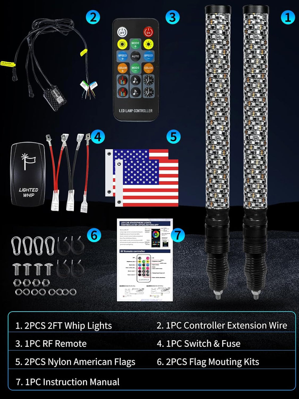 2 Pack 2FT Fat Whip Lights, LED Whip Lights with App & Remote Control, Sp...