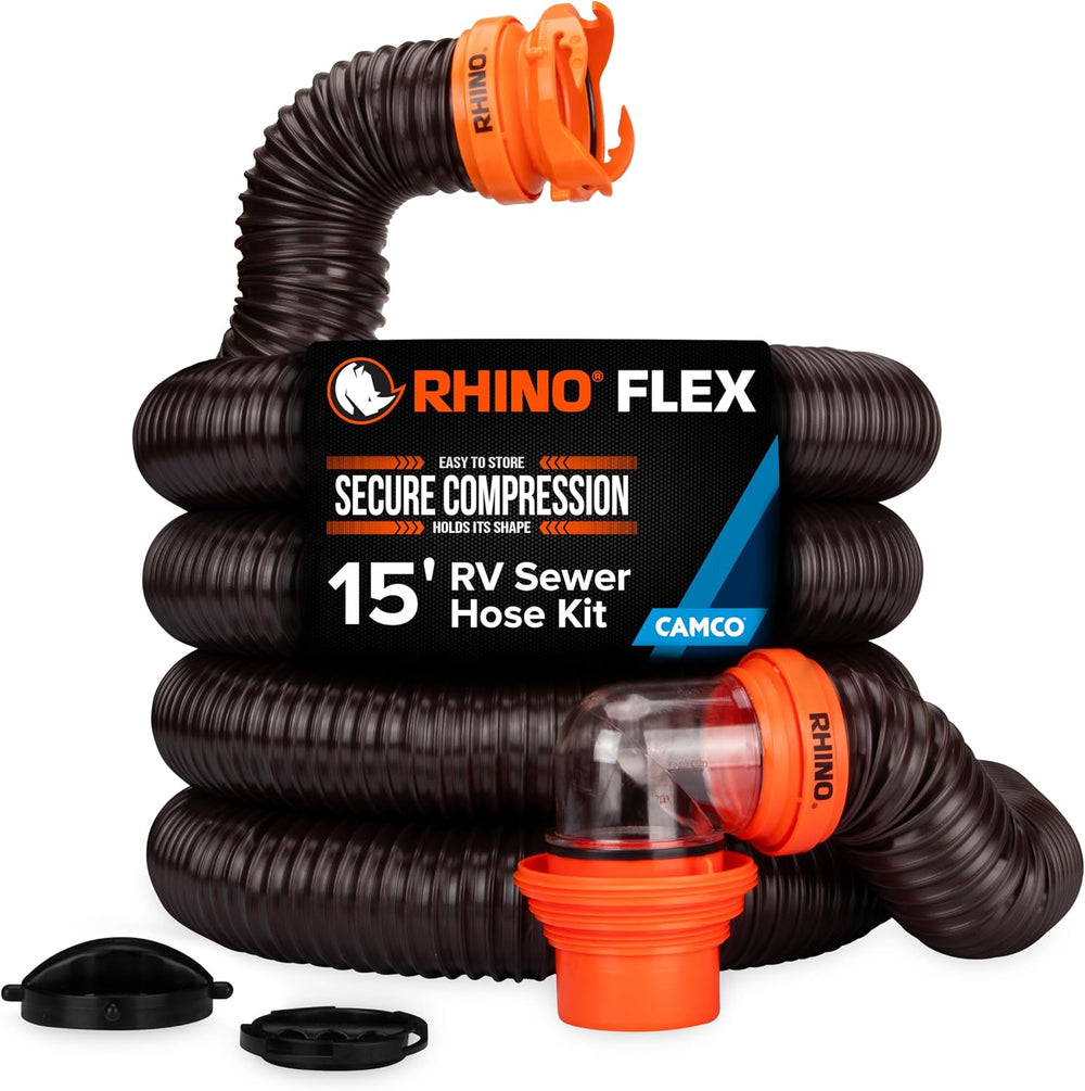Camco RhinoFLEX 15 Ft Complete RV Sewer Hose Kit, Swivel Bayonet Fittings