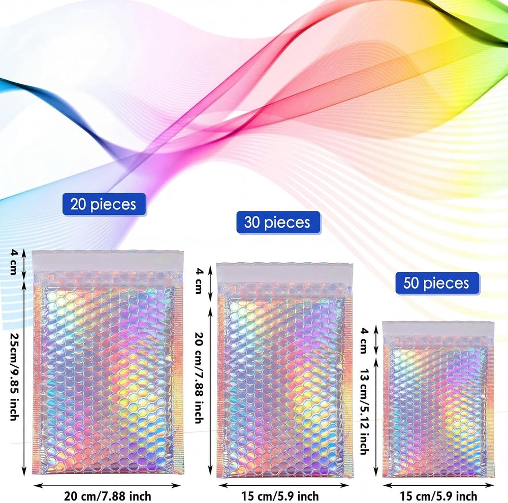 100 Pack Metallic Bubble Mailers 3 Sizes Holographic Padded Bubble Rainbow Po...