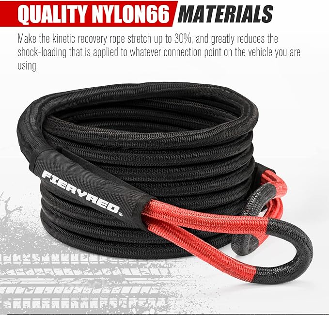 FieryRed Kinetic Energy Recovery Rope 30FT 7/8 Inch- Power Stretch Snatch Strap