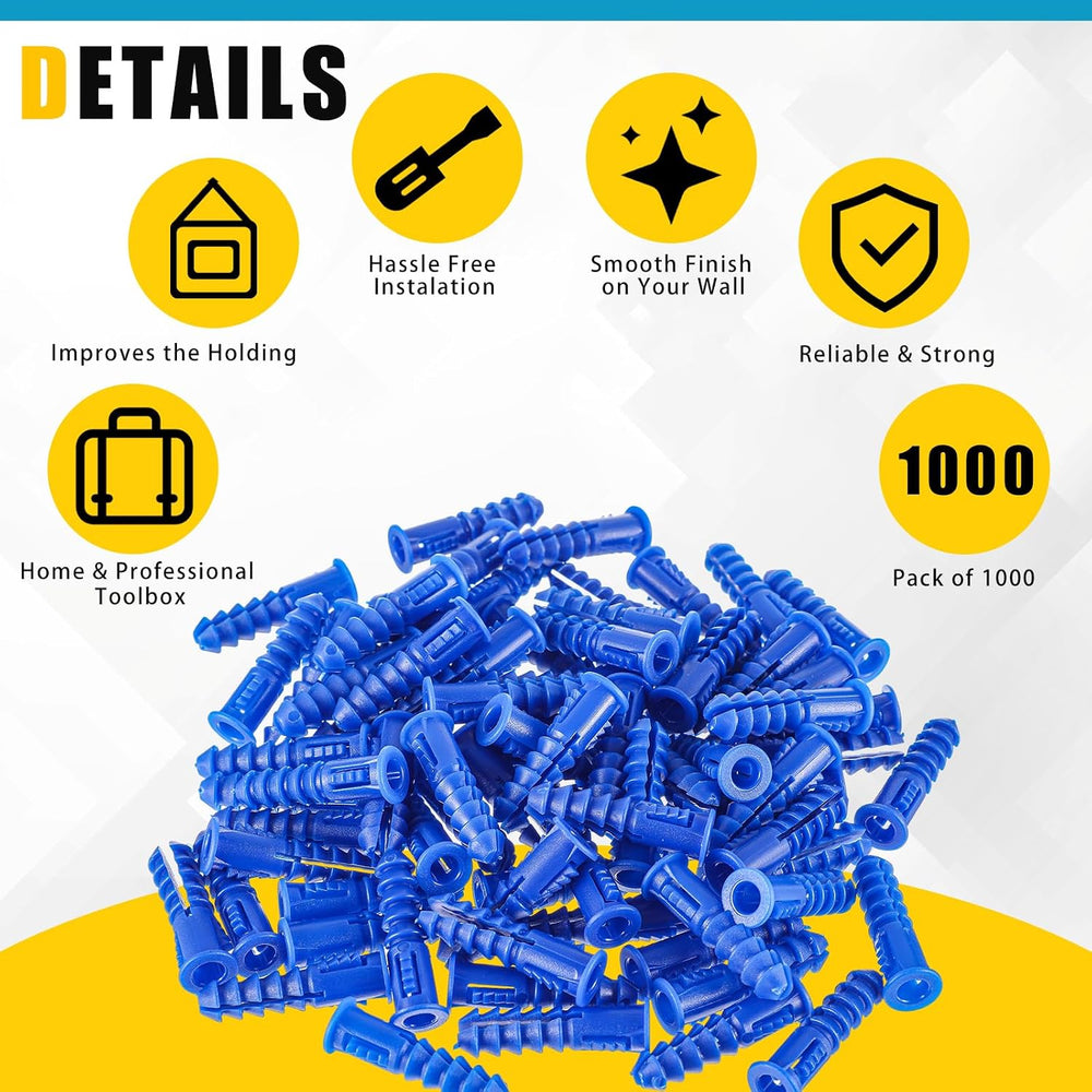 1000 Pcs #8-10-12 x 1-1/4 Inch Ribbed Lightweight Plastic Anchors (Blue)