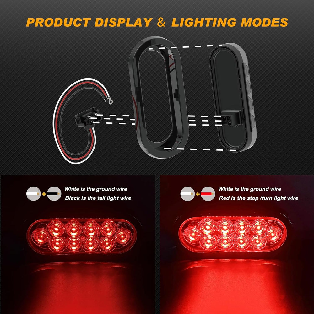 6" Oval Smoked Lens LED Trailer Tail Light Kit,4 Red+2 White,Stop/Brake/...