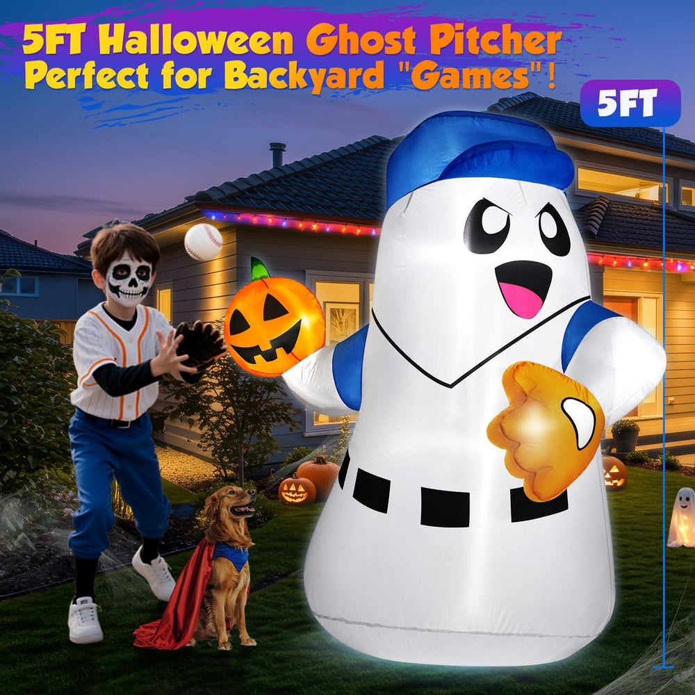 5FT Halloween Inflatables Ghost Pitcher with Pumpkin Baseball, Halloween Deco...