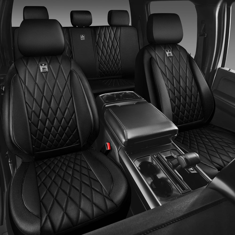 CAR PASS 5 Seats Piping Luxury Faux Leather Seat Covers Full Set, Anti-Slip W...