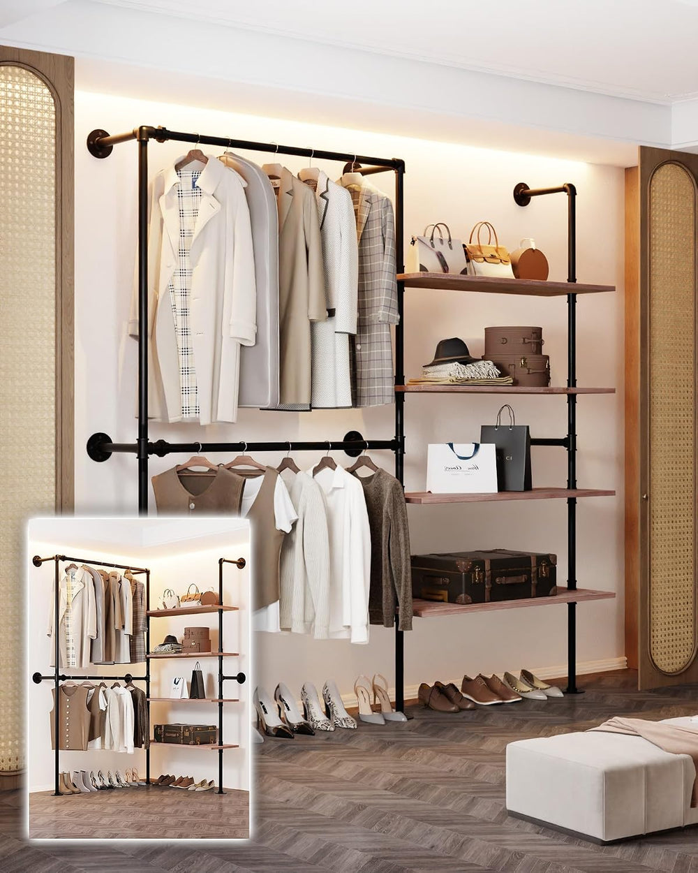 Wall Mounted Clothing Rack, Heavy Duty Pipe Closet, Pine Shelves, 76 In