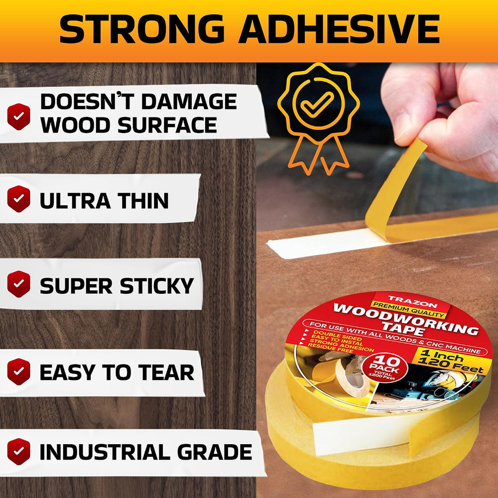 Trazon Double Sided Woodworking Tape Super Strong, 10 Pack, 1 Inch x 120 Feet...