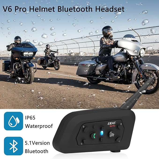 V6 Pro Motorcycle Helmet Bluetooth Intercom Headset 1200M 2 People Full Duple...