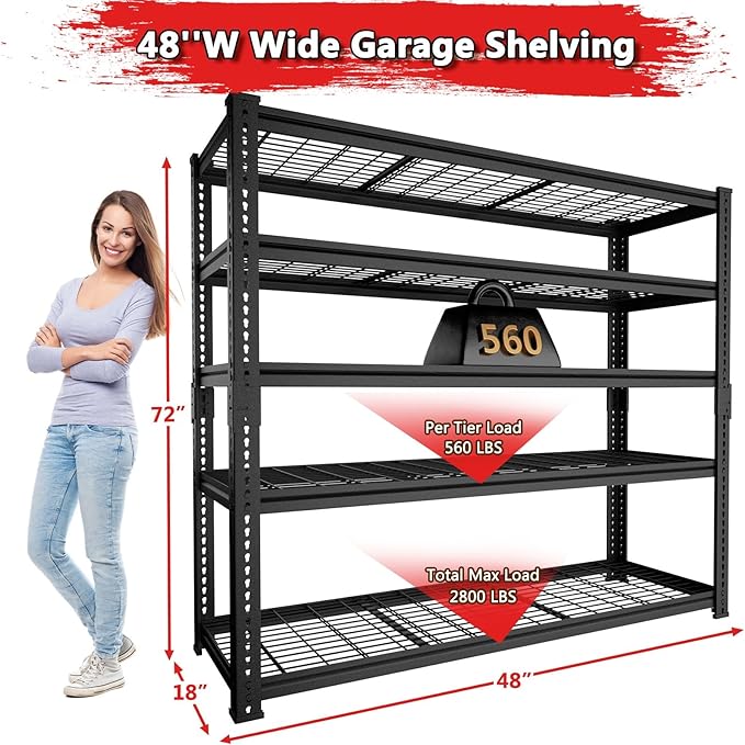 Storage Shelves, Garage Shelving Heavy Duty 2800 LBS Capacity, 5 Tier Utility