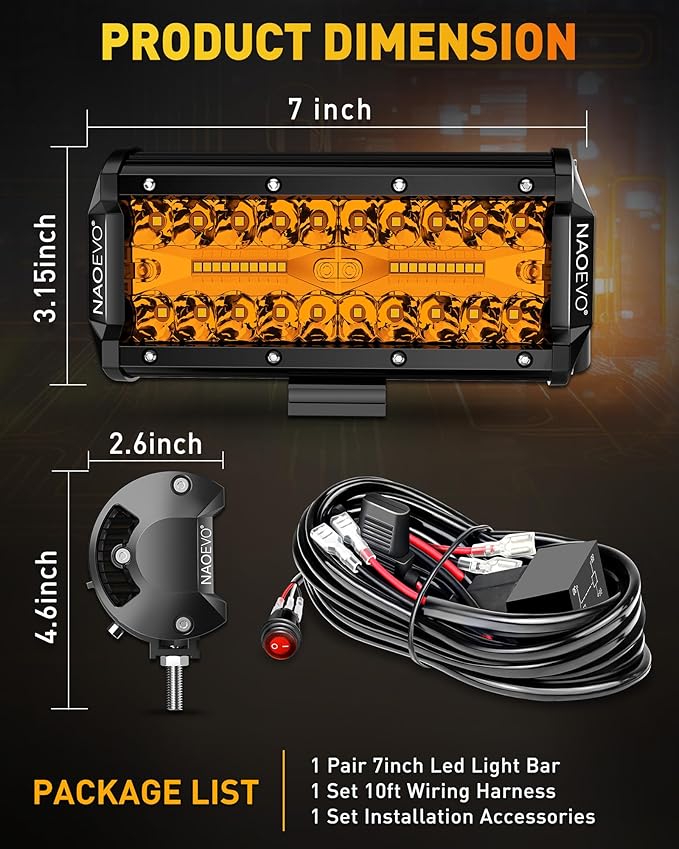 NAOEVO 7 Inch Amber LED Light Bar, 240W 24, 000LM Offroad Fog/Driving Lights