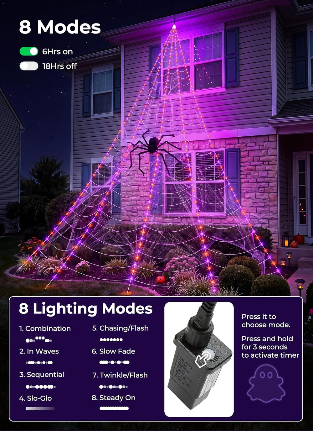 Brightown Halloween Decorations Outdoor, 255-LED Giant Spider Web Lights