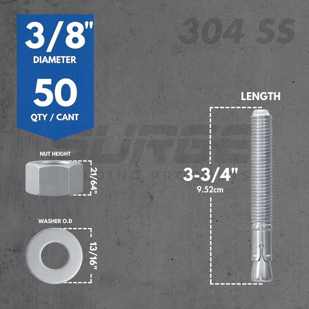 3/8" X 3-3/4" 304 Stainless Steel Wedge Anchors for Concrete (Box o...
