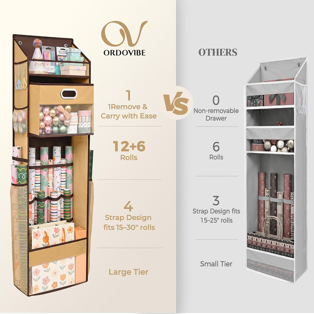 Ordovibe Wrapping Paper Storage Organizer, Over The Door Gift Wrap Holder wit...
