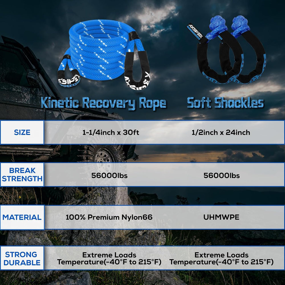 Kinetic Recovery Rope Kit (Reflective), 1.25in x 30ft 56,000Lbs, 35% High Ela...