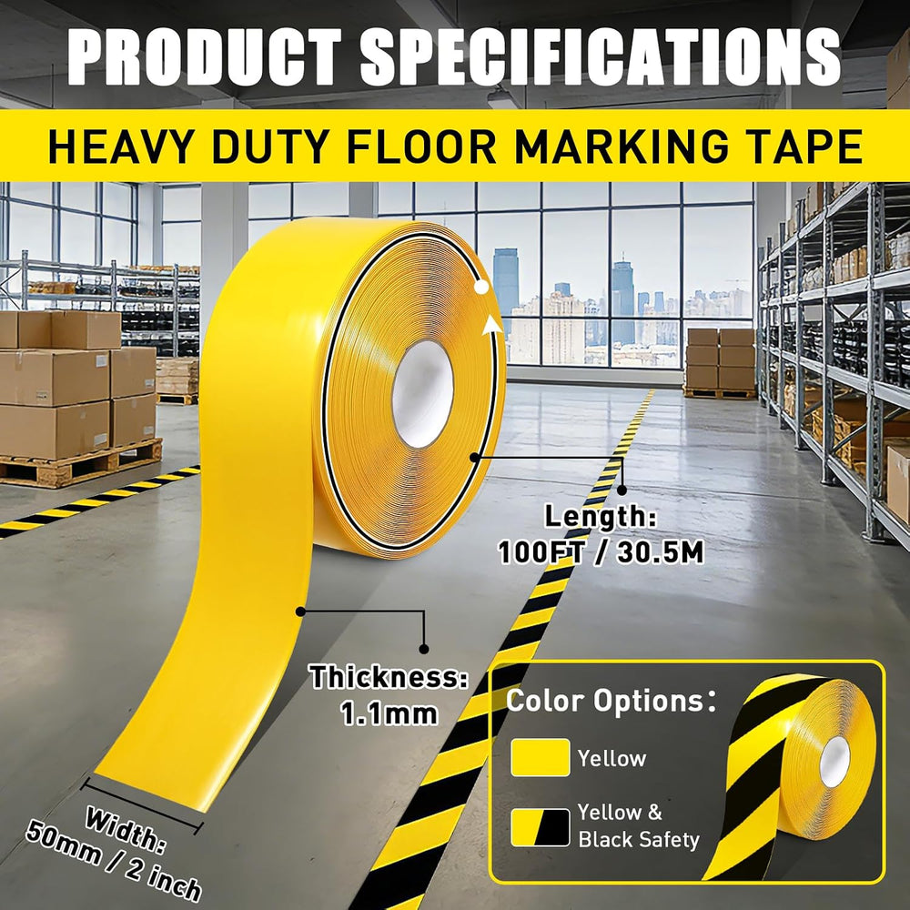 Floor Marking Tape, 1.1mm Extra Thick, Yellow, 2 Inch x 100FT