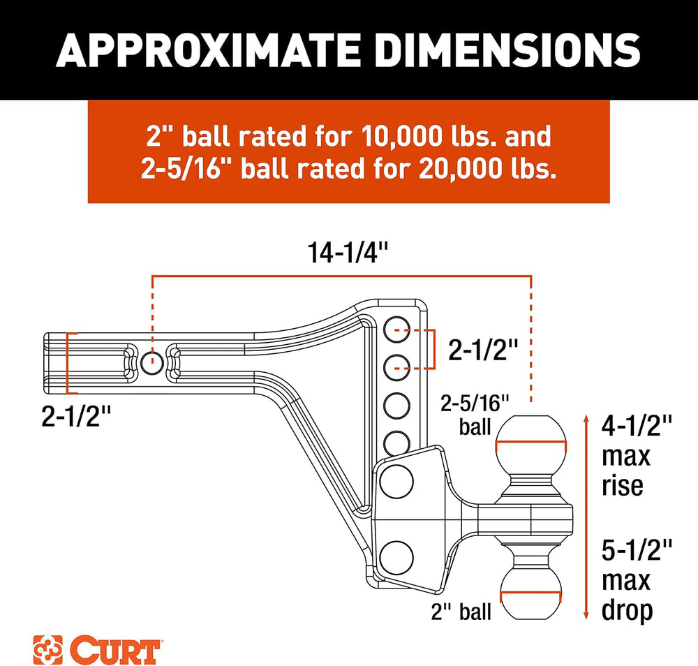 CURT 45937 HD Adjustable Hitch Ball Mount with Dual Ball, 2-1/2" Shank, ...