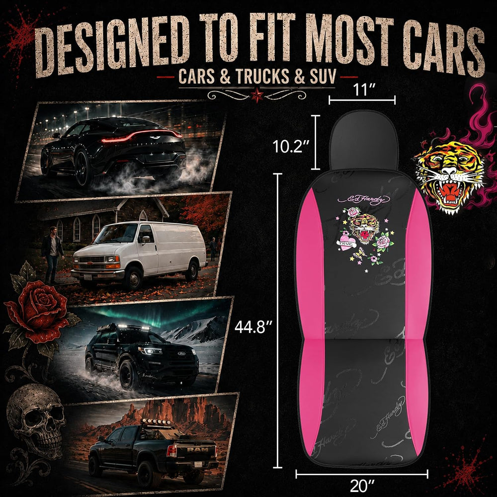 ED HARDY Tiger Print Car Seat Covers, Hot Pink Premium Leather Front Seat Cov...
