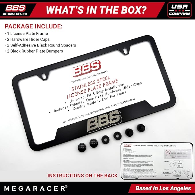 BBS Official Black Stainless Steel License Plate Frame – Made in USA – Premium