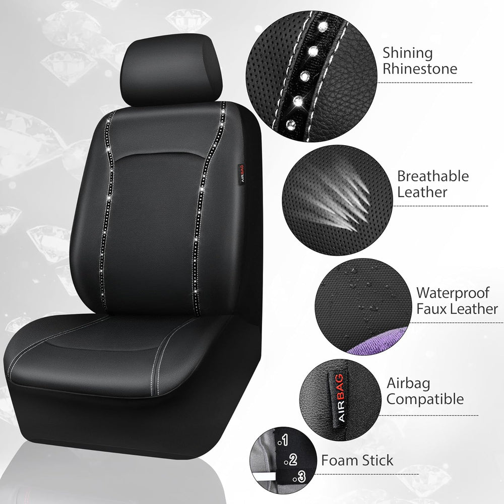 CAR PASS 14 PCS Bling Diamond Car Accessories Set for Women, Leather Seat Cov...