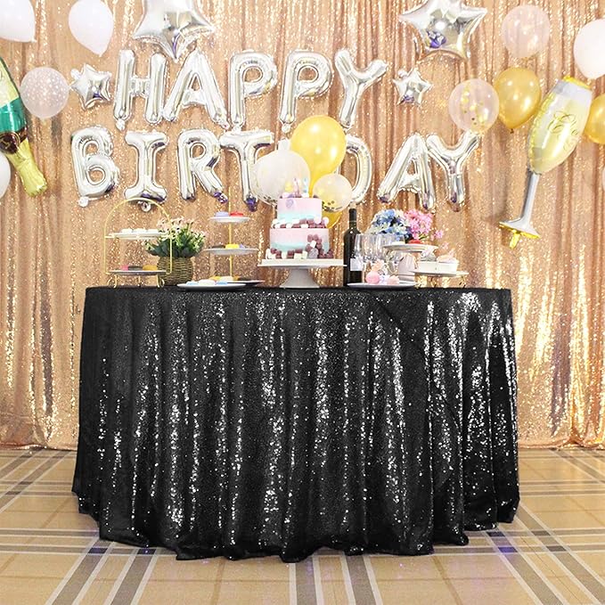 JYFLZQ Black Sequin Tablecloth - 90" Round Sparkly Glitter Metallic Tabl...