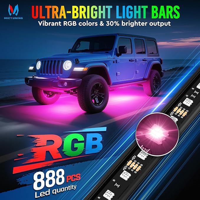 MICTUNING U8 RGB+IC Underglow LED Light Bars 888 LEDs, Dual Remote Control (8...