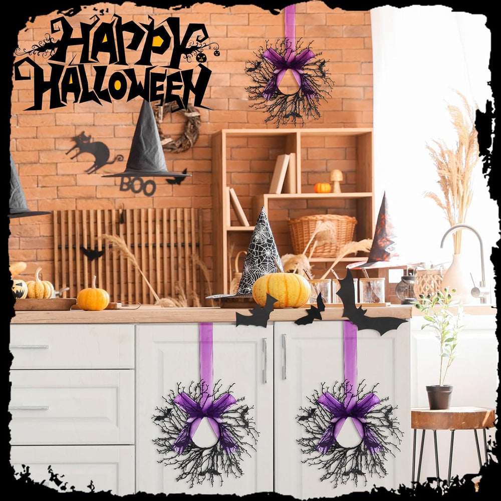 Suncalla 6 Pack Mini Halloween Cabinet Wreaths 9.8 Inch with Purple Ribbon