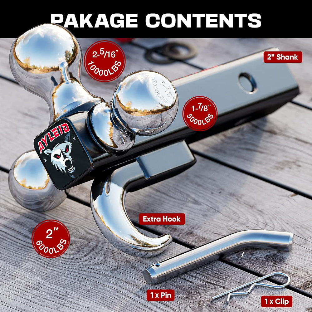 Ayleid Trailer Hitch Tri-Ball Mount with Hook & Pin Balls Sized 1-7/8 , 2...