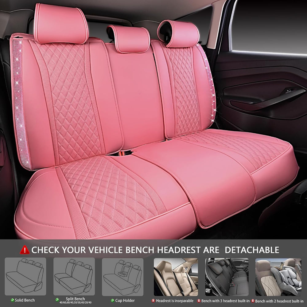 CAR PASS Pink Nappa Leather Car Seat Covers for Full Seats, Bling Diamond Wat...