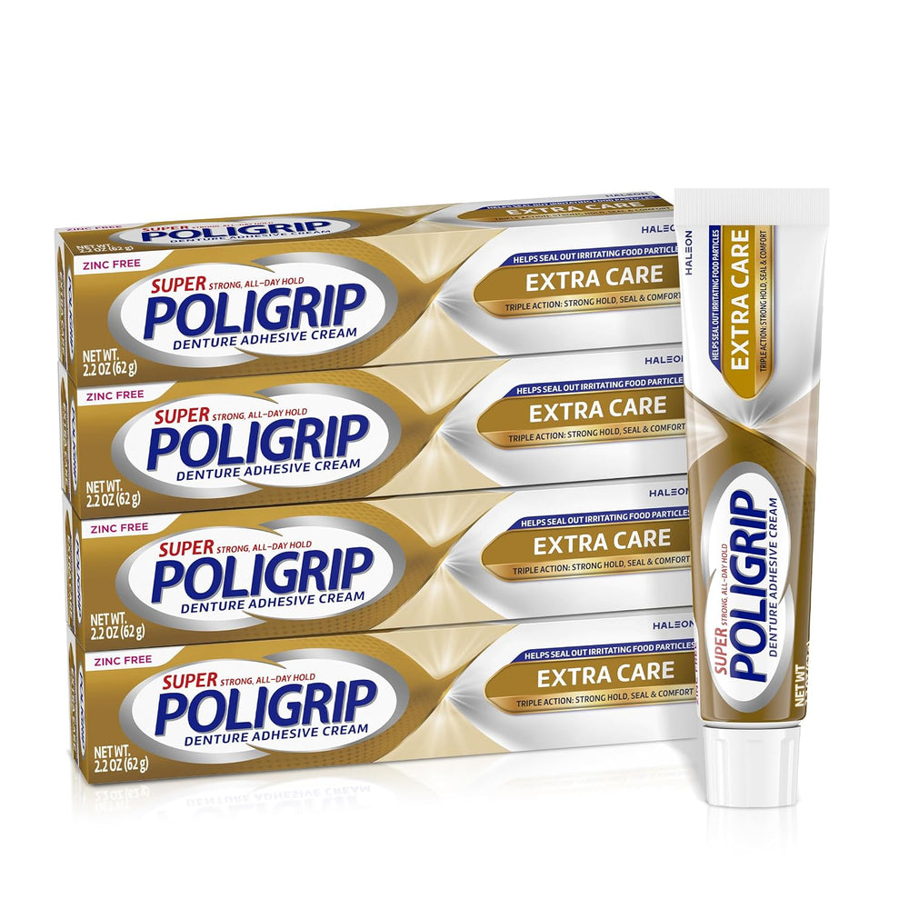 Poligrip Extra Care Denture Adhesive Cream, 2.2 oz (4 Pack)