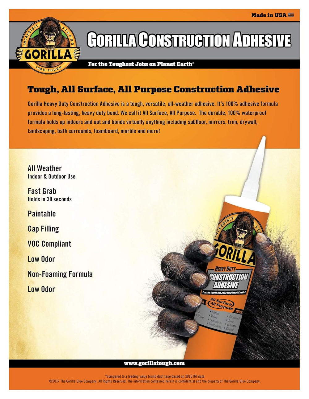 Gorilla Heavy Duty Construction Adhesive, White Glue, 9 Ounce Cartridge - Gap...