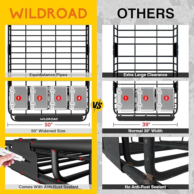 Wildroad Roof Rack Cargo Basket, Upgraded 4” Fence Wide Car Roof Basket