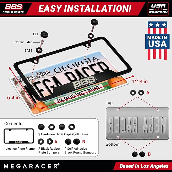 BBS Official Black Stainless Steel License Plate Frame – Made in USA – Premium
