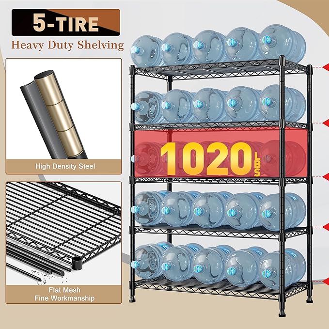 REIBII 5-Tier Wire Shelving Rack Storage Shelves Metal Shelves, 1020 LBS