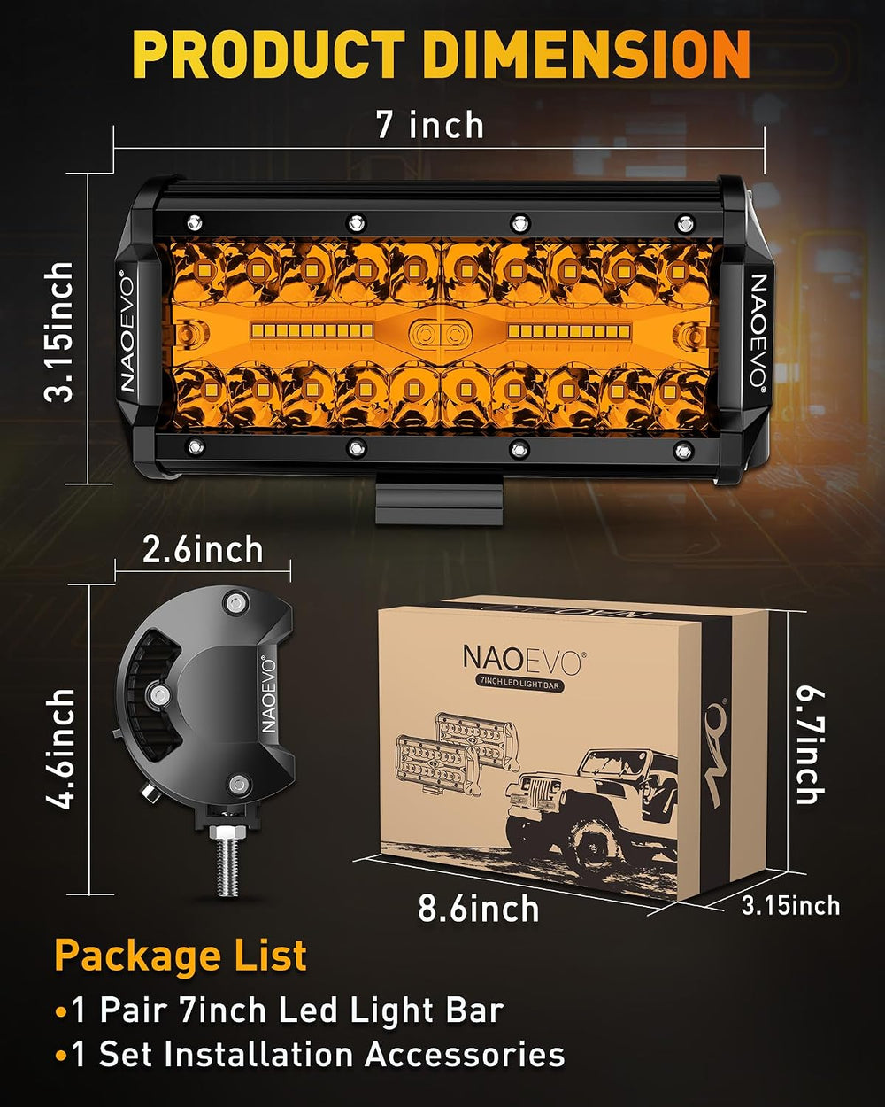 NAOEVO 7 Inch Amber LED Light Bar, 240W 24,000LM LED Fog Lights, Amber