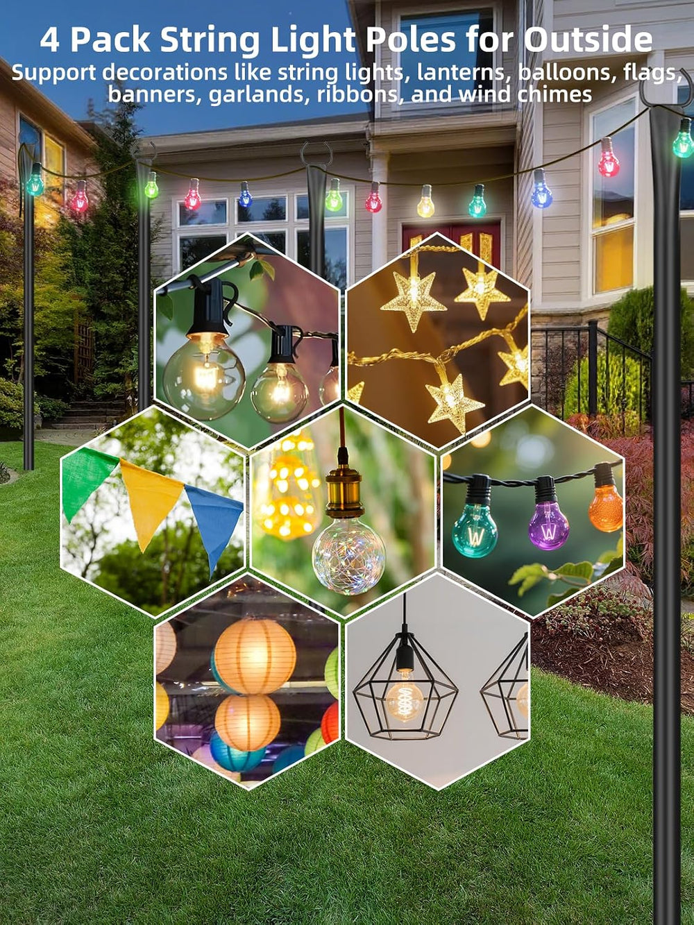 String Light Poles for Outside, 4 Pack 10 ft Adjustable Light Poles
