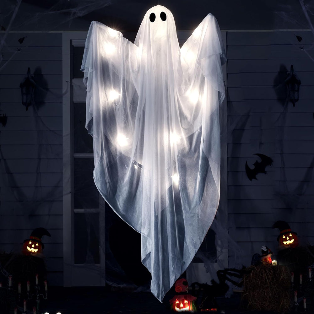 JOYIN 2 Pcs 47” Halloween Light up Hanging Ghost Decorations Outdoor, Cold Wh...