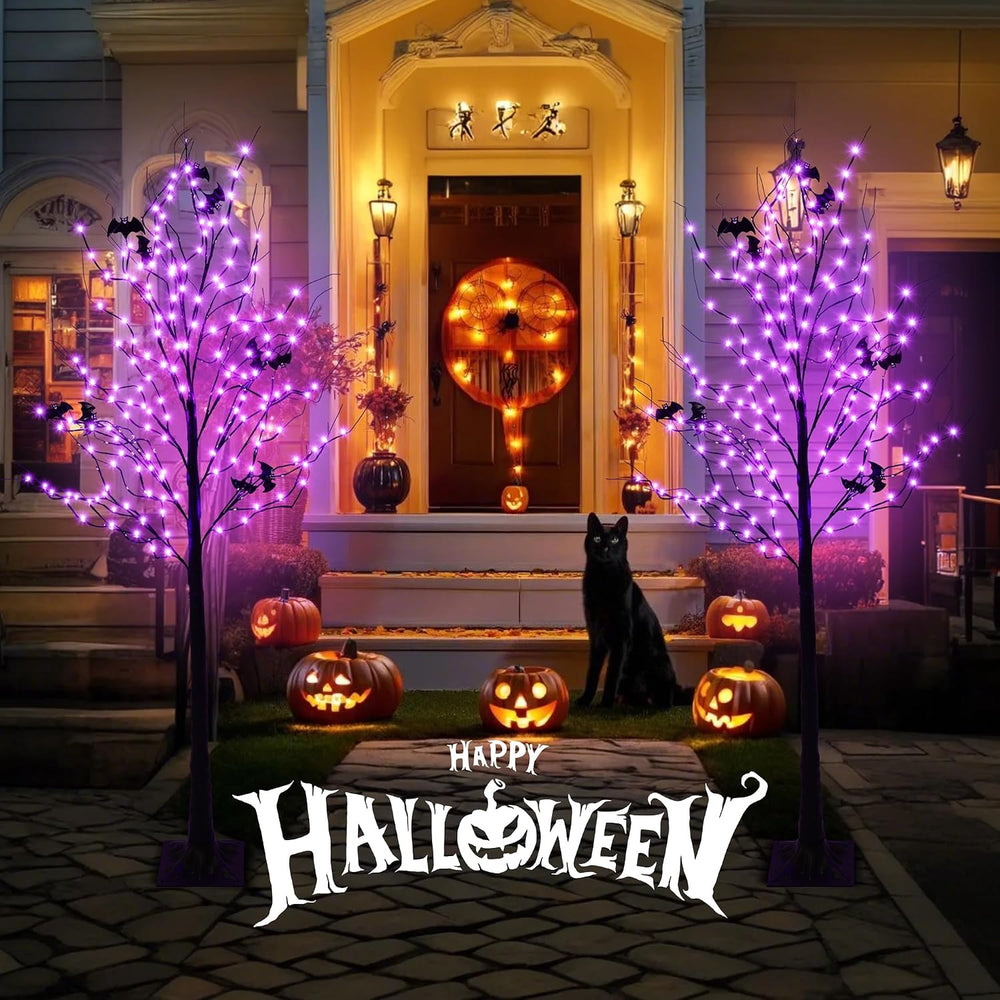 Halloween Lighted Tree with 260 LED Lights, 6FT Black Halloween Tree with Tim...
