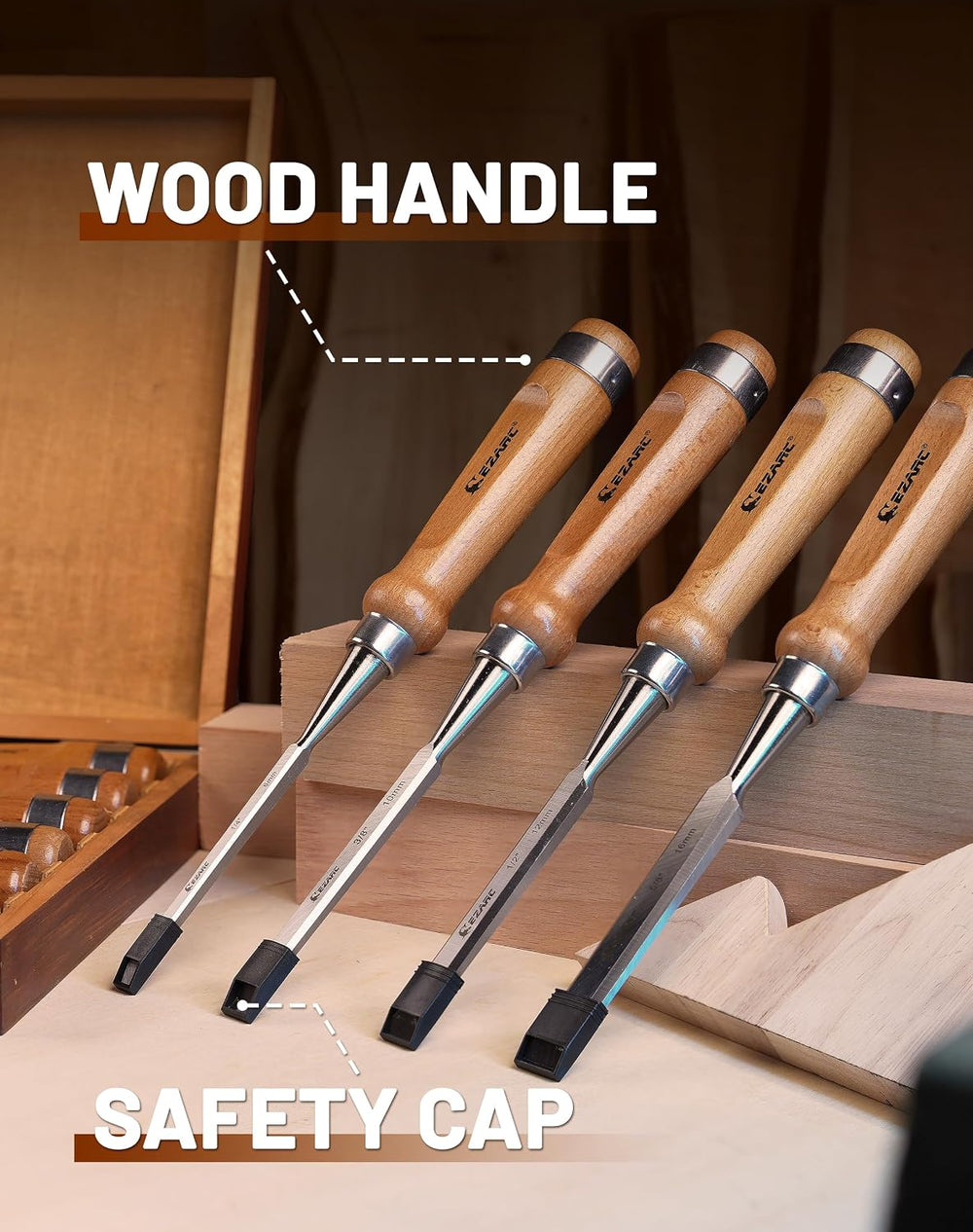 EZARC Wood Chisel Set, 6PCS 1/4-1 Inch CR-V Chisels with Wooden Case