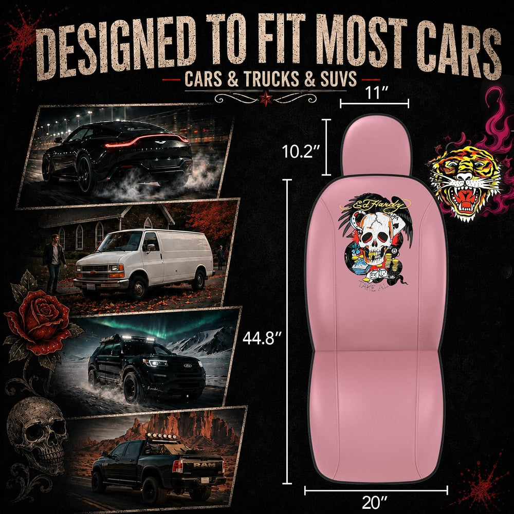 ED HARDY Casino Skull Car Seat Covers, Pink Premium Leather Seat Covers
