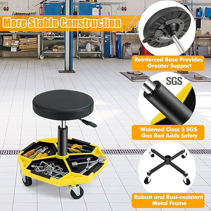IRONMAX Rolling Mechanic Stool, Adjustable Shop Stool Creeper Seat
