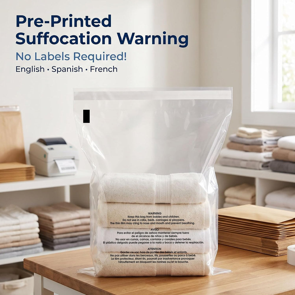 16" X 20" (100 Count) Self-Seal Clear Poly Bags With Suffocation Wa...