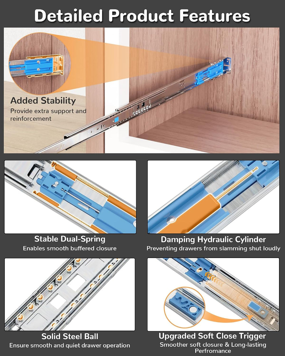 Chibery 18 Inch Side Mount Soft Close Drawer Slides, 10 Pairs Heavy-Duty Full...