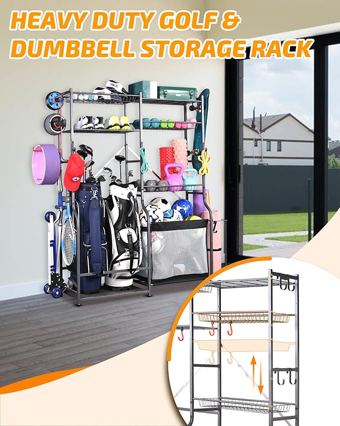 PLKOW Golf Storage Ball Rack Garage Organizer, 2 Golf Bag Organizer and Other