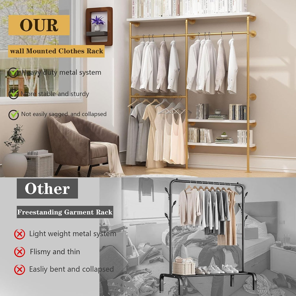 HOMEKAYT Industrial Pipe Clothes Rack with Shelves, Gold Clothing Rack Wall M...