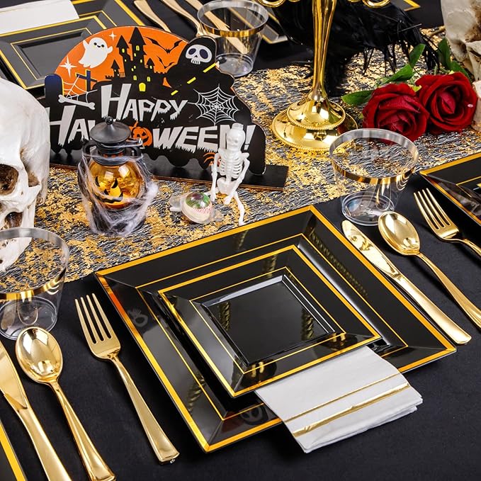 Festiva 350Pcs Black and Gold Plastic Plates-50Guests Disposable Square Black...