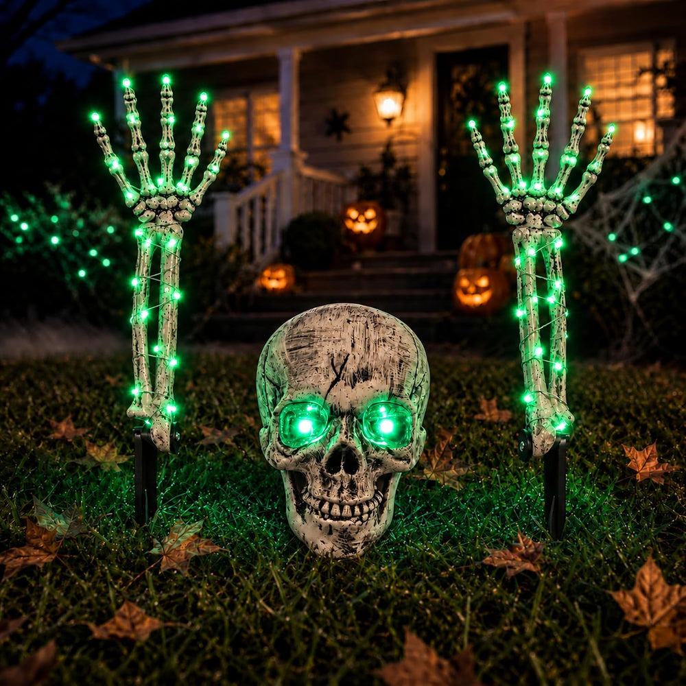 Halloween Skeleton Decorations Outdoor, 3-Piece Green LED Yard Stakes, Skull ...